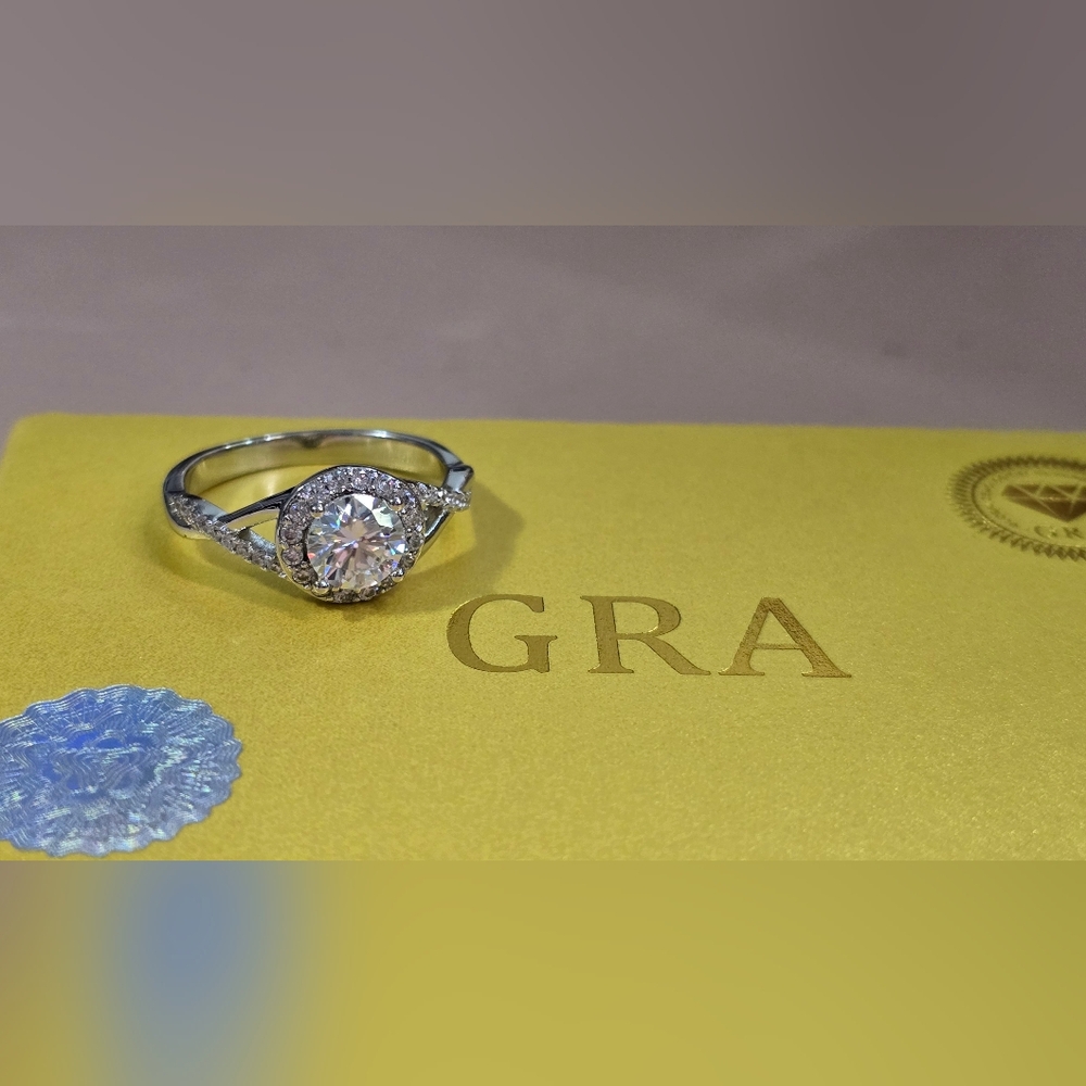 Silver Halo Engagement Moissanite Ring with Round Center Stone -
